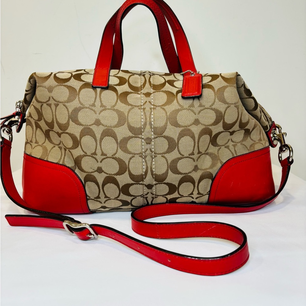 COACH F28981 Hadley Signature Brown Duffle Red Leather Accents Bag Purse